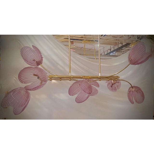 Metal Mid-Century Murano Art Glass and Brass Pink Color Chandelier and Pendant For Sale - Image 7 of 9