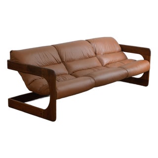 Three-Seat Sling Sofa, Oak & Leather, Attributed to Lou Hodges 1970s For Sale
