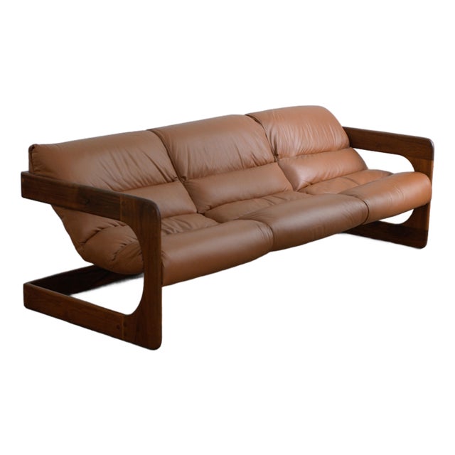 Three-Seat Sling Sofa, Oak & Leather, Attributed to Lou Hodges 1970s For Sale