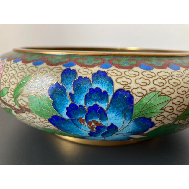 Blue Pink Lotus and Bird Cloisonne Enamel Decorative Bowl or Catchall For Sale - Image 8 of 18
