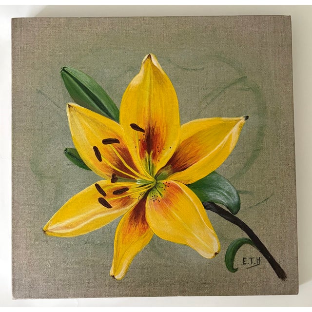 An oil painting monogrammed by the artist of a yellow day lily. A realistic botanical illustration emphasizing the texture...