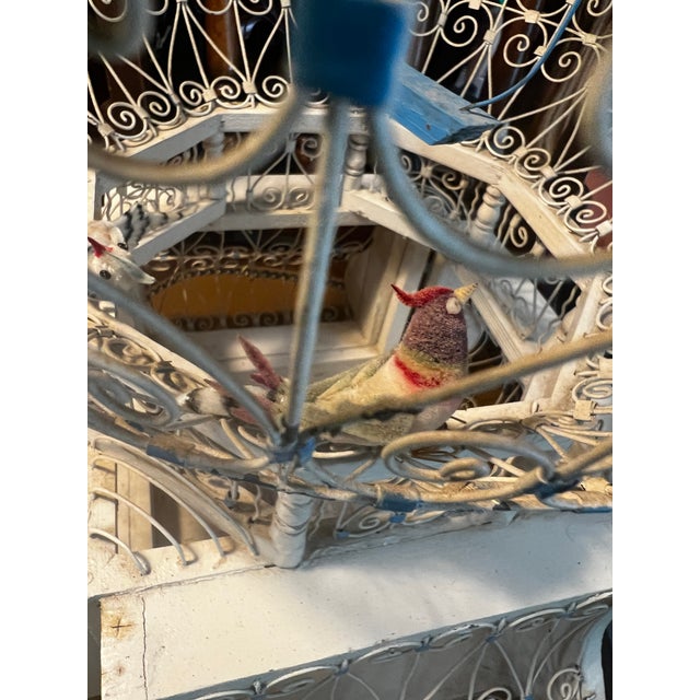 Vintage Indo-French White Metal Bird Cage With Hand Made Bird Figurines For Sale - Image 9 of 11