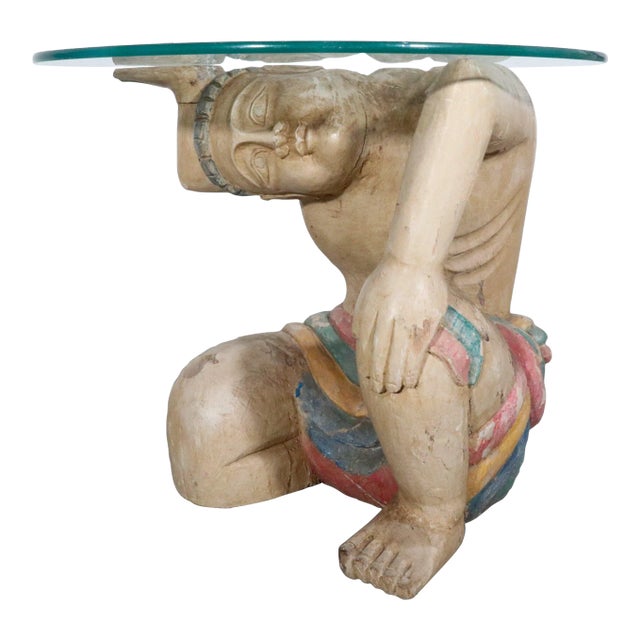 1960's Polychrome Hand Wood Carved Figural and Glass Side Table For Sale