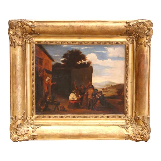 19th C. Flemish Oil on Canvas Painting in Gilt Frame, in the Manner of Teniers For Sale