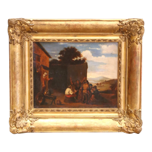 19th C. Flemish Oil on Canvas Painting in Gilt Frame, in the Manner of Teniers
