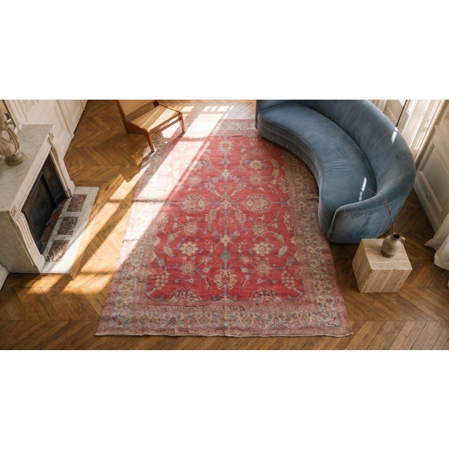Textile 1900s Pink Raspebery Geometric Antique Indian Agra Rug 4'6" X 7'9" Handknotted Cotton Carpet For Sale - Image 7 of 9