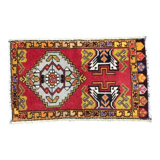 Vintage Turkish Handmade Red Small Rug For Sale