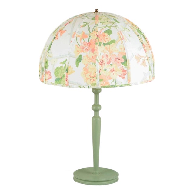 Table Lamp with Turned Wooden Base and Floral Shade by Josef Frank for Svenskt Tenn, 1960s For Sale