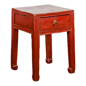 Late Qing Dynasty Red Lacquer Side Table with Single Drawer and Horse Hoof Feet