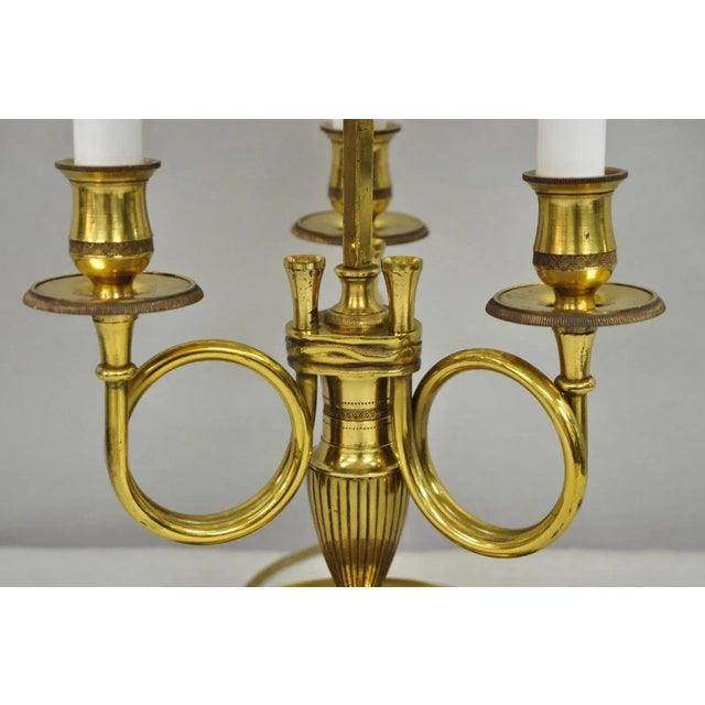 Late 20th Century French Country Empire Brass Trumpet Arm Red Tole Shade Bouillotte Desk Lamp For Sale - Image 4 of 13
