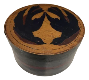Antique American Round Wood Shaker Box With Graphic Black Bird Design