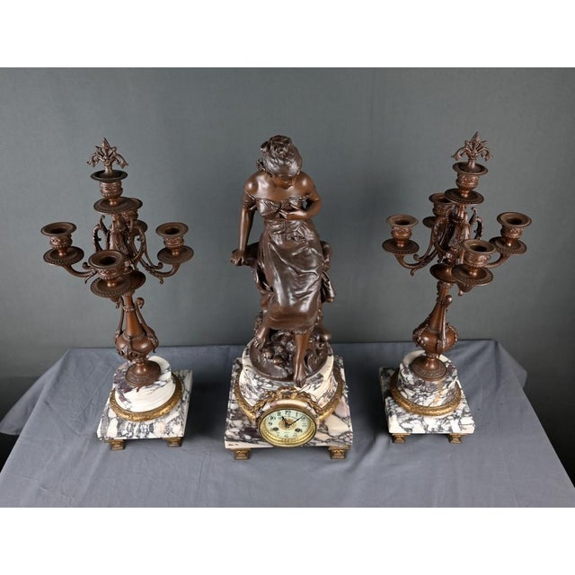 Early 20th Century Marble and Spelter Fireplace Mantel Set by A. Moreau, Set of 3 For Sale - Image 3 of 18