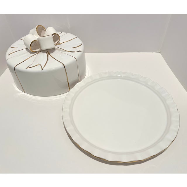 Vintage Portuguese Ceramic Cake Dome & Plate – Gift Box Bow Lid – White W/ Gold Trim For Sale - Image 10 of 11