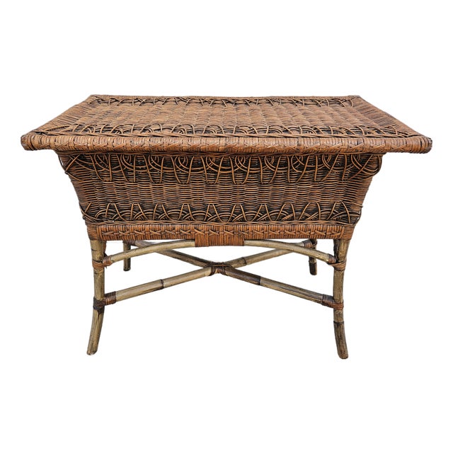 Rattan Bamboo Side Table Lidded Planter Box For Sale