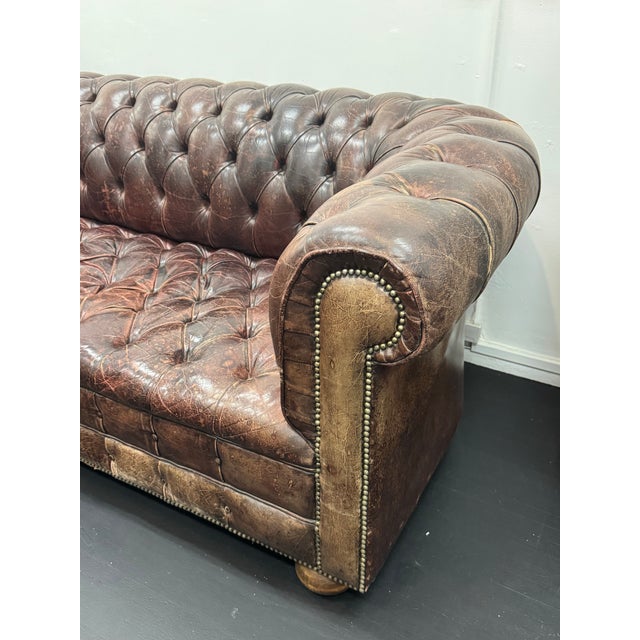 1950s 1950s Vintage Mid-Century Aged Brown Tufted Leather Chesterfield Sofa With Great Patina! For Sale - Image 5 of 11