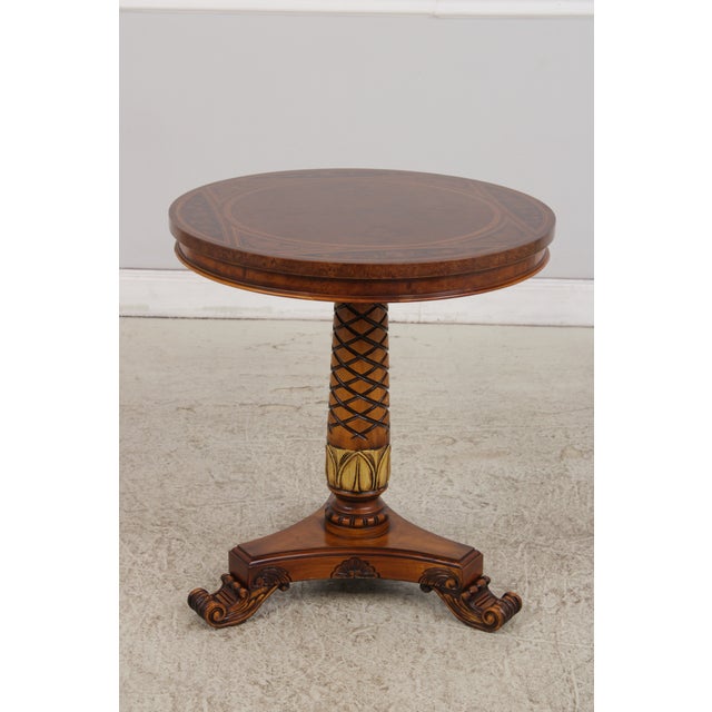 Traditional Gorgeous Burl Wood Inlaid Round Accent Table For Sale - Image 3 of 16