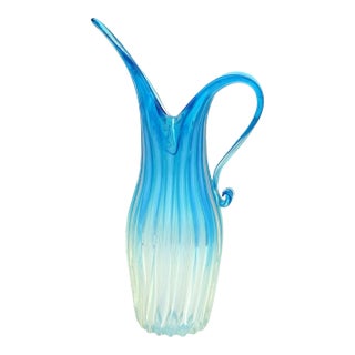 Murano Fratelli Toso Vintage Tall Opalescent Sky Blue White Fade Italian Ribbed Art Glass Pitcher Flower Vase For Sale
