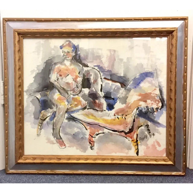 Ecru 1980s John Howard Gould Original "Girl in Repose" Watercolor Painting For Sale - Image 8 of 8