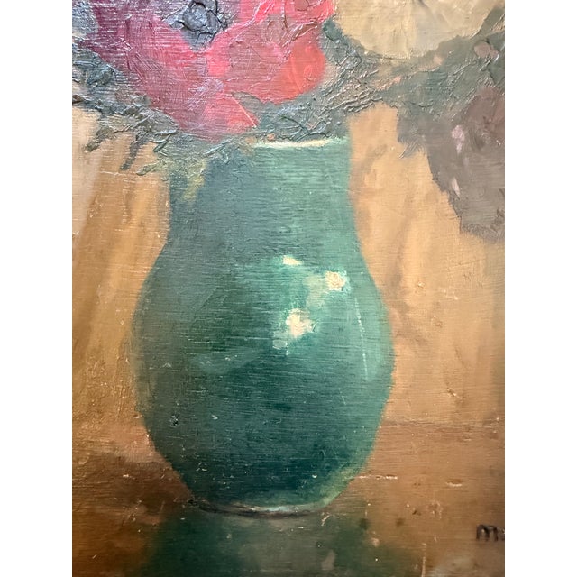 This delightful painting depicts a bouquet of white, pink, red, and violet anemones. The green-glazed terracotta vase...