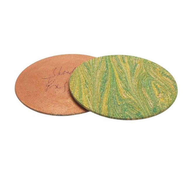 Cork placemats marbled in spring greens. The back is painted in metallic copper. Sold as pairs. Care, wipe with a damp...