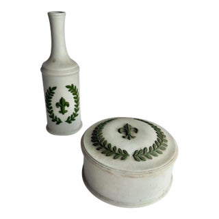 Vintage Italian Vanity Set, Fleur De Lis Ceramic Bud Vase and Lidded Trinket Box For Sale