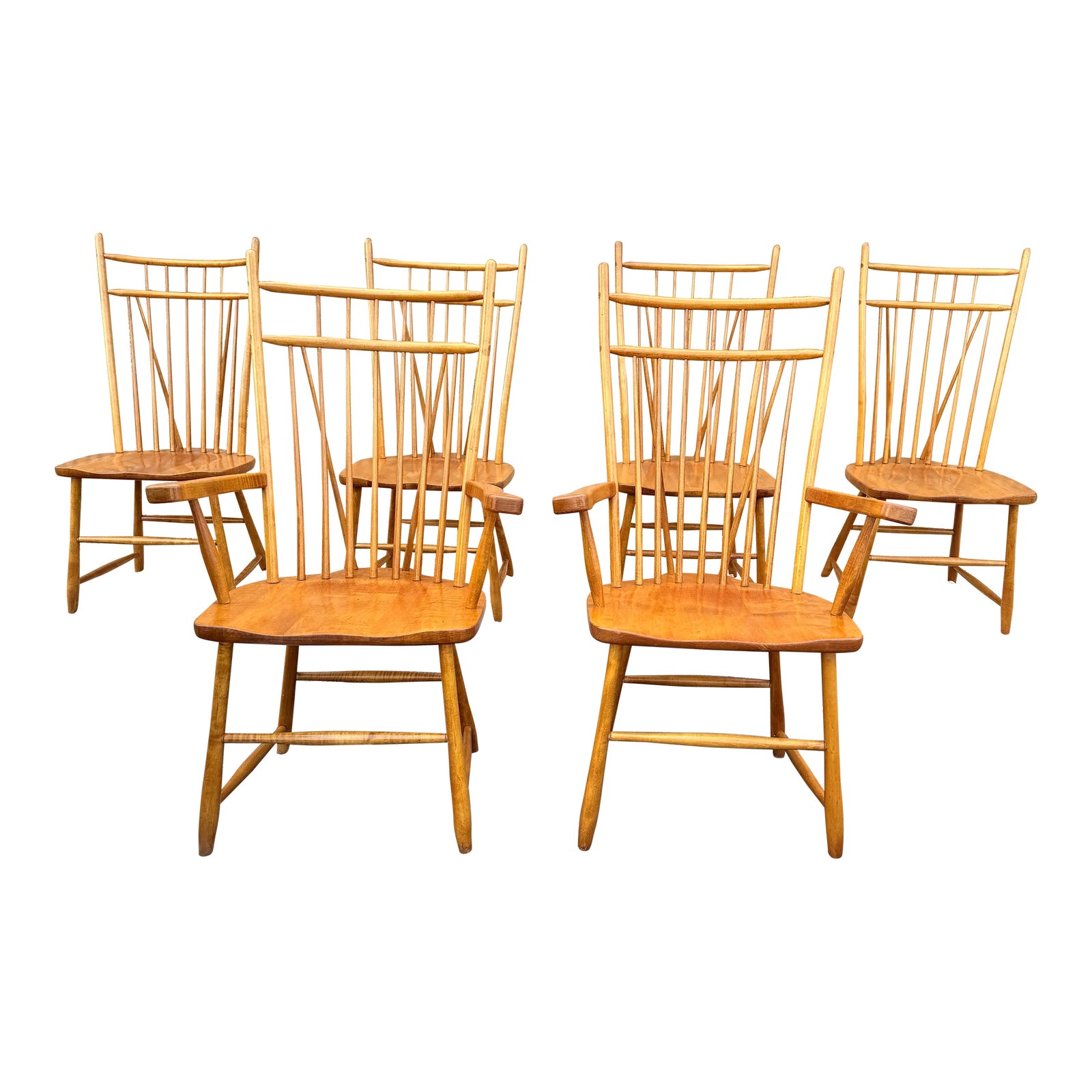 Set of Six Vintage Spindle Back Faux Bamboo Windsor Dining Chairs by by