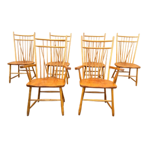 Set of Six Vintage Spindle Back Faux Bamboo Windsor Dining Chairs by by Penns Creek Furniture