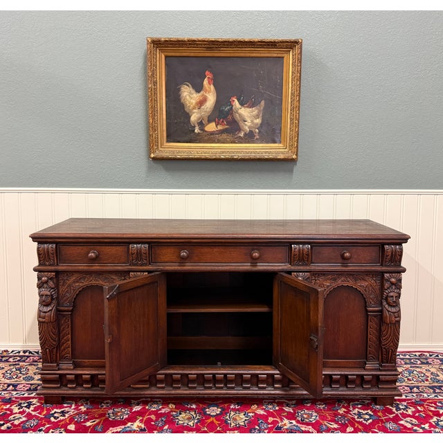 Antique English Renaissance Style Sideboard Server Entry Buffet Oak c.1930-40s For Sale - Image 12 of 18