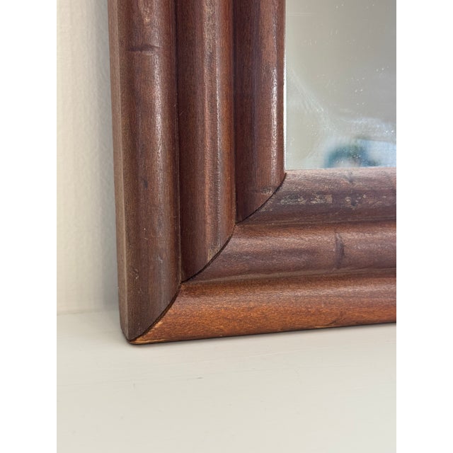 Brown Vintage Hollywood Regency Embossed Faux Bamboo Wood Walnut Stained Wall Mirror For Sale - Image 8 of 11