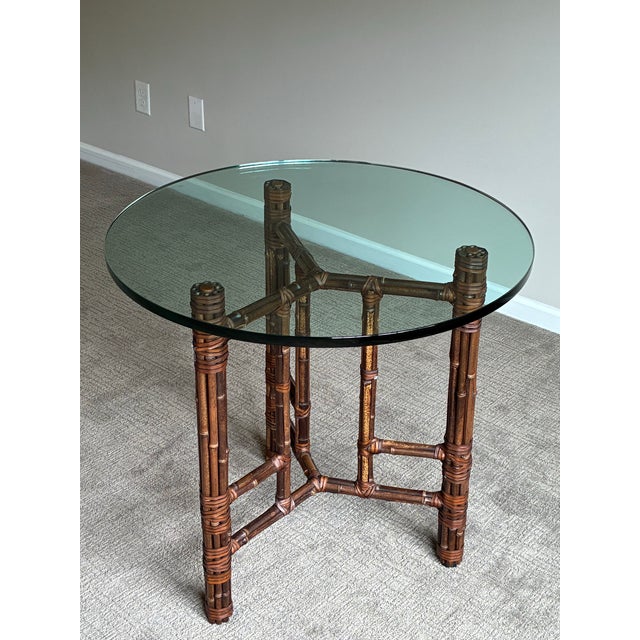 Contemporary Vintage McGuire Bamboo Rattan Round Glass Top Side / Center Table For Sale - Image 3 of 6