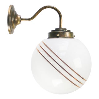 French White Opaline Glass and Brass Bistro Sconce with Gilt Stripes For Sale
