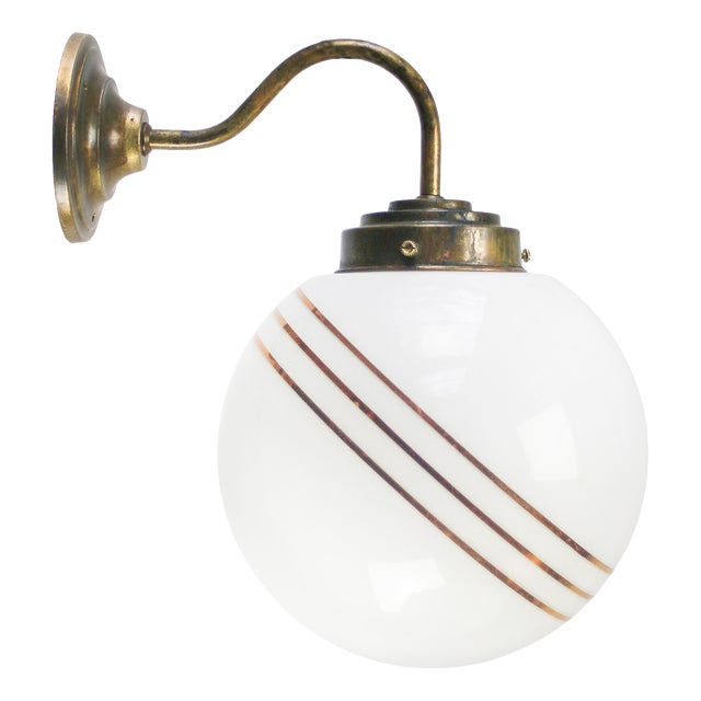 French White Opaline Glass and Brass Bistro Sconce with Gilt Stripes For Sale