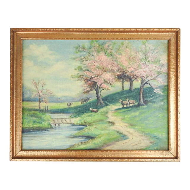 Vintage Pastoral Landscape With Sheep Painting For Sale