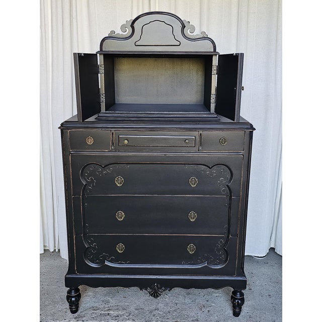 Art Deco Circa 1930's Chest of Drawers, Ebonized, Distressed Dresser For Sale - Image 3 of 17