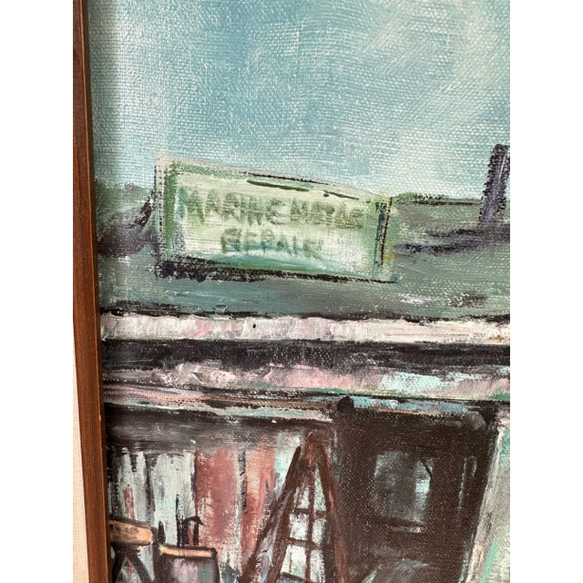 1970s California Impressionist Seascape Oil Painting Blackie's Boat Yard Newport Beach Waterfront Signed For Sale - Image 4 of 13