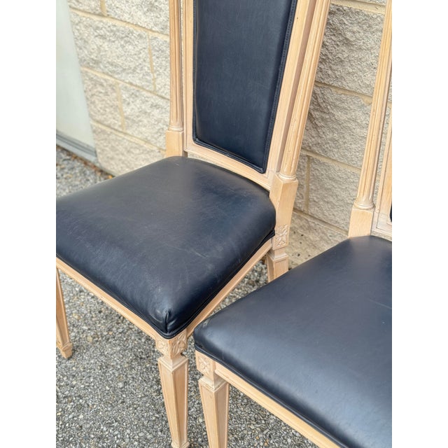 Blue 1940s Louis XIV Style Dining Chairs With Carved Wood Frames and Leather Upholstery - Set of 6 For Sale - Image 8 of 12