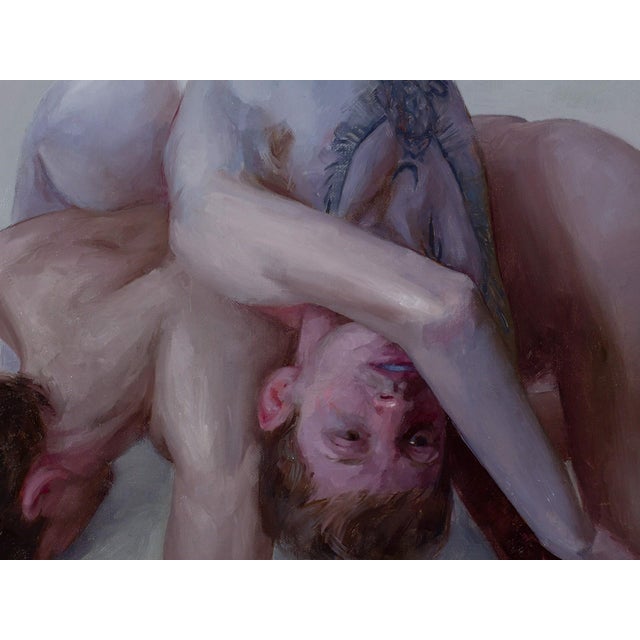 The artwork presents a striking composition of intertwined figures, their bodies merging in a complex, almost fluid...