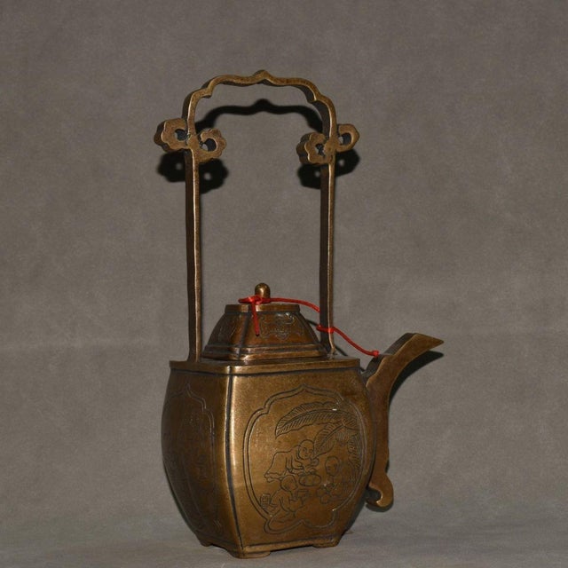 Chinese Vintage Copper Wine Pot | Figural Scene Panel | Chinese Square Kettle With Handle For Sale - Image 3 of 9