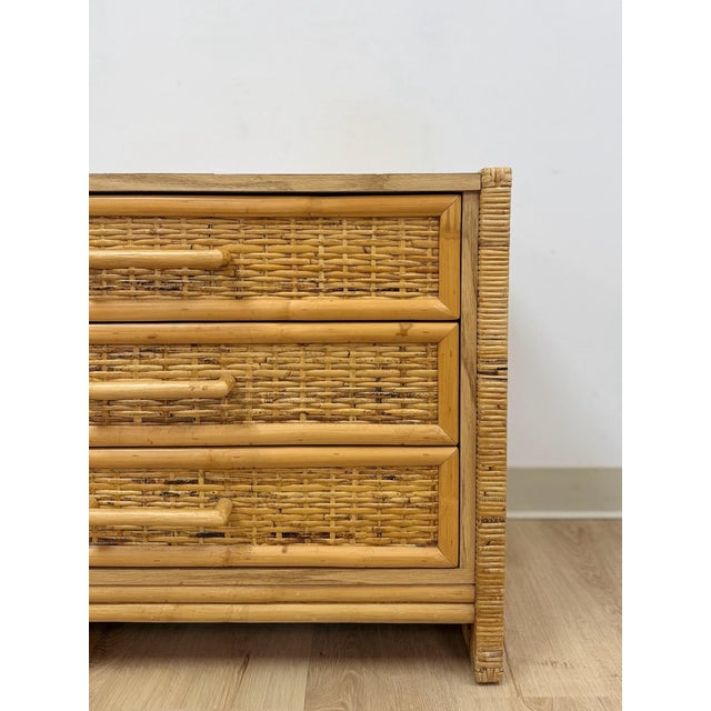 Wood Vintage Chest Coastal Wicker Rattan Three Drawer Boho Hollywood Regency Dresser For Sale - Image 7 of 13