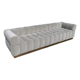 Custom "Oscar" Tufted Grey Velvet Sofa With Brass Base For Sale