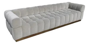Custom "Oscar" Tufted Grey Velvet Sofa With Brass Base