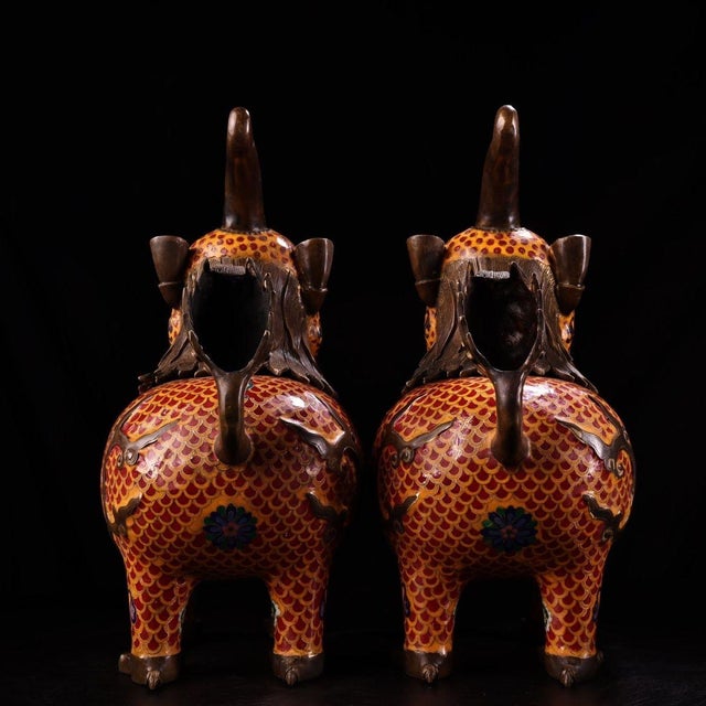 Metal Late 20th Century Pair of Gilt Bronze Cloisonné Enamel Mythical Beast Incense Burners For Sale - Image 7 of 9