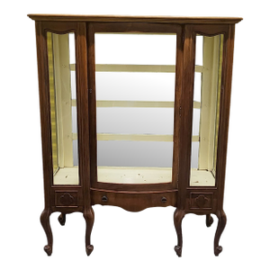 Antique Queen Anne Style 1930s Crystal Display Curio China Cabinet W/ Glass Shelves