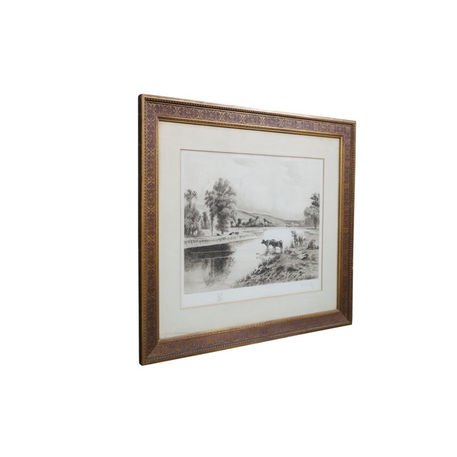 Late 19th century antique black-and-white landscape etching by William de la Montagne Cary. A pastoral riverscape with...