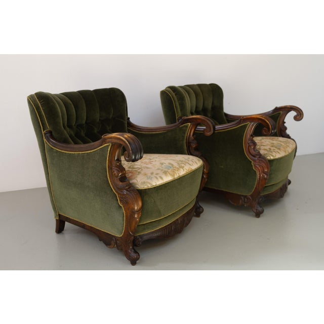 Danish Carved Lounge Chairs in Green Velvet, 1920s, Set of 2 For Sale - Image 11 of 18