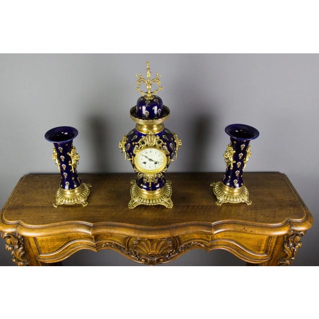 Royal Blue Mantle Clock Set from Boch Frères Keramis, 1920s, Set of 3 For Sale - Image 10 of 18