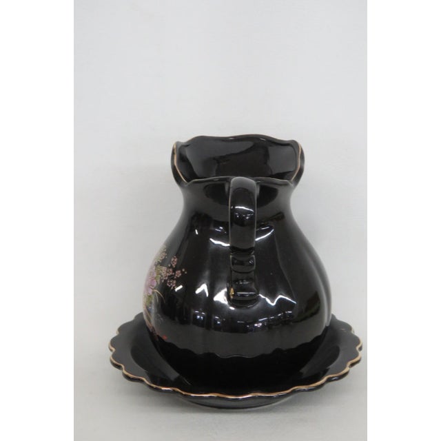 Ceramic Pitcher With Matching Underplate 2pc Set Black With Gold Gilt Trim 5029b For Sale - Image 12 of 12