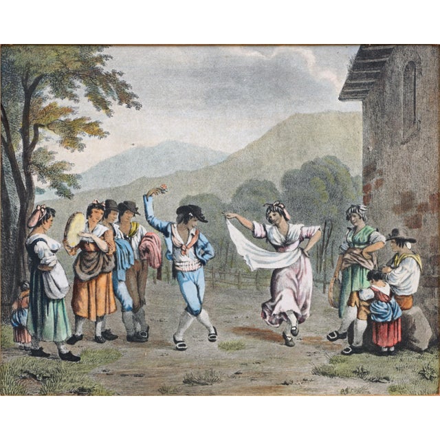 Antique Italian Lithograph Hand-Colored Set of 4 Traditional Dances & Games Silk Mats Gilt Frames For Sale - Image 10 of 16