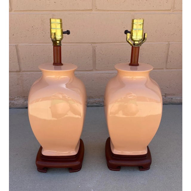 Vintage Peach Colored Asian Ginger Jar Style Table Lamps-Pair For Sale - Image 4 of 8