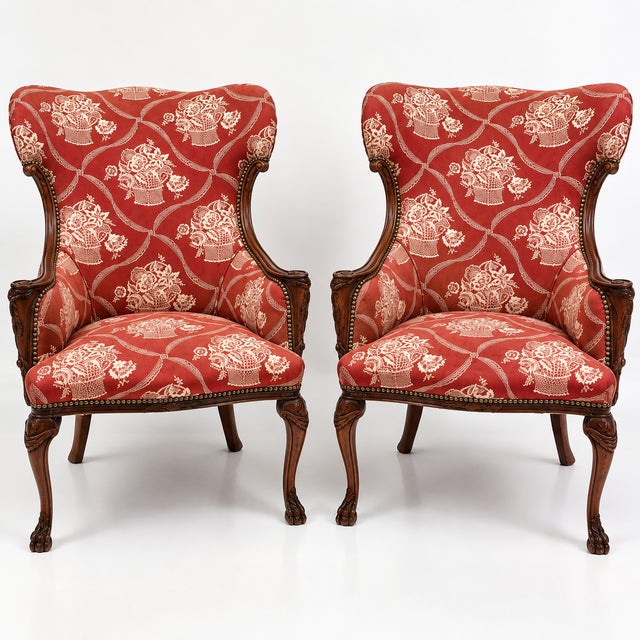 Antique French Carved Mahogany Wing Chairs in Schumacher Fabric, Pair For Sale - Image 4 of 4